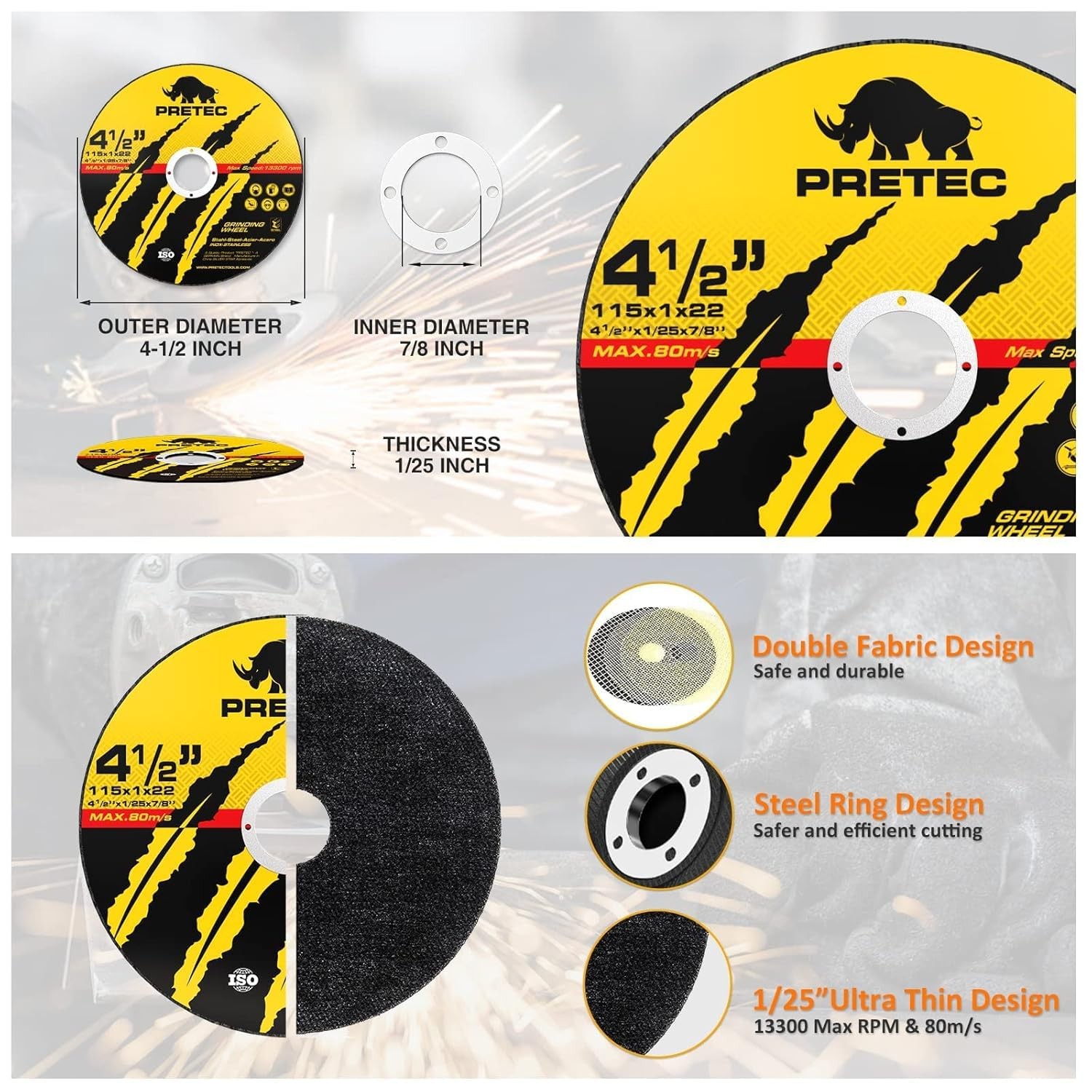PRETEC 4-1/2″ Cut Off Wheels – Thin Discs for Metal & Stainless Steel, 7/8″ Arbo