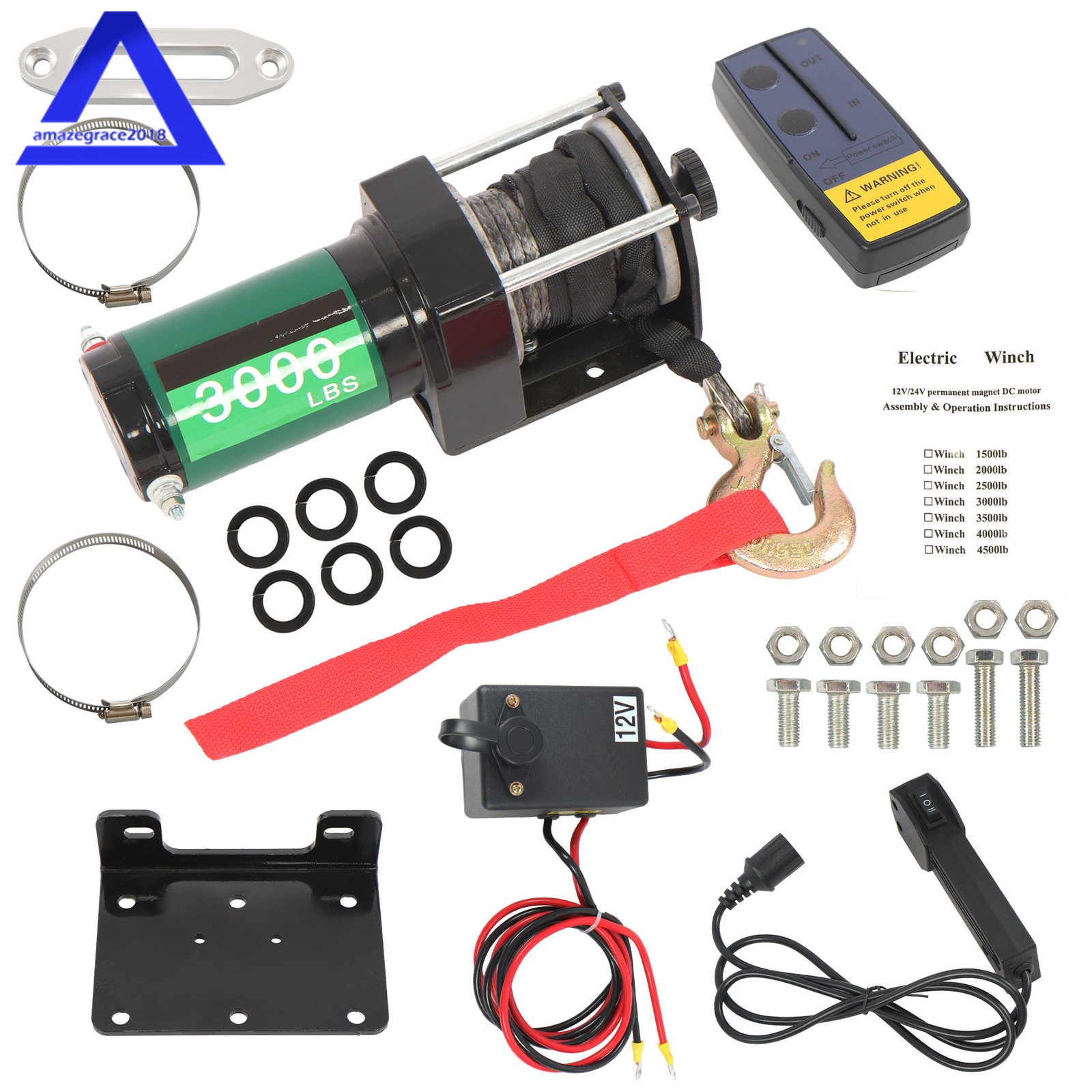12V 3000LBS 1.3HP Electric Winch 32ft Synthetic Rope Wireless & Wired Remote