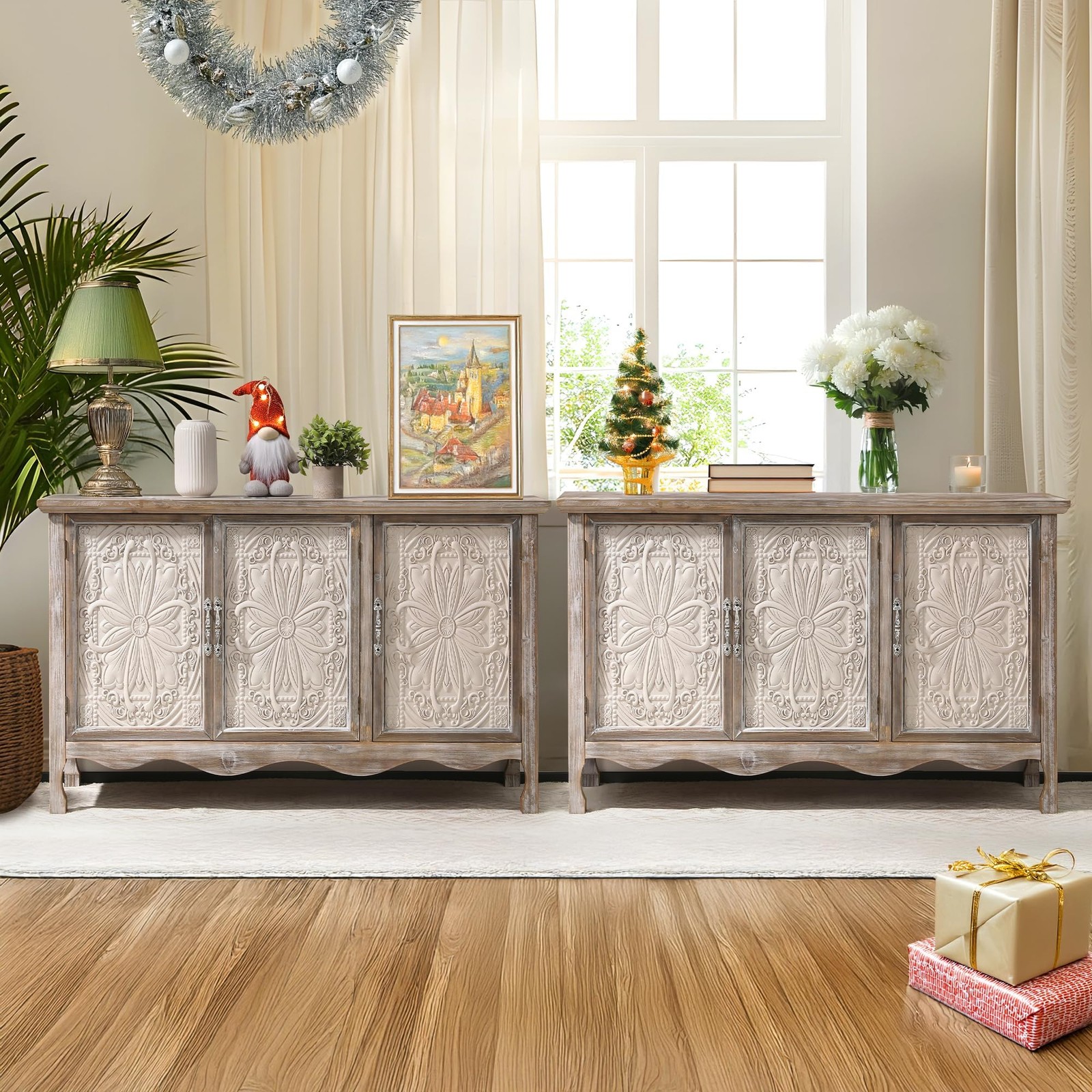 Set of 2 31″ Farmhouse Sideboard Buffet Storage Cabinet Kitchen Wash Grey