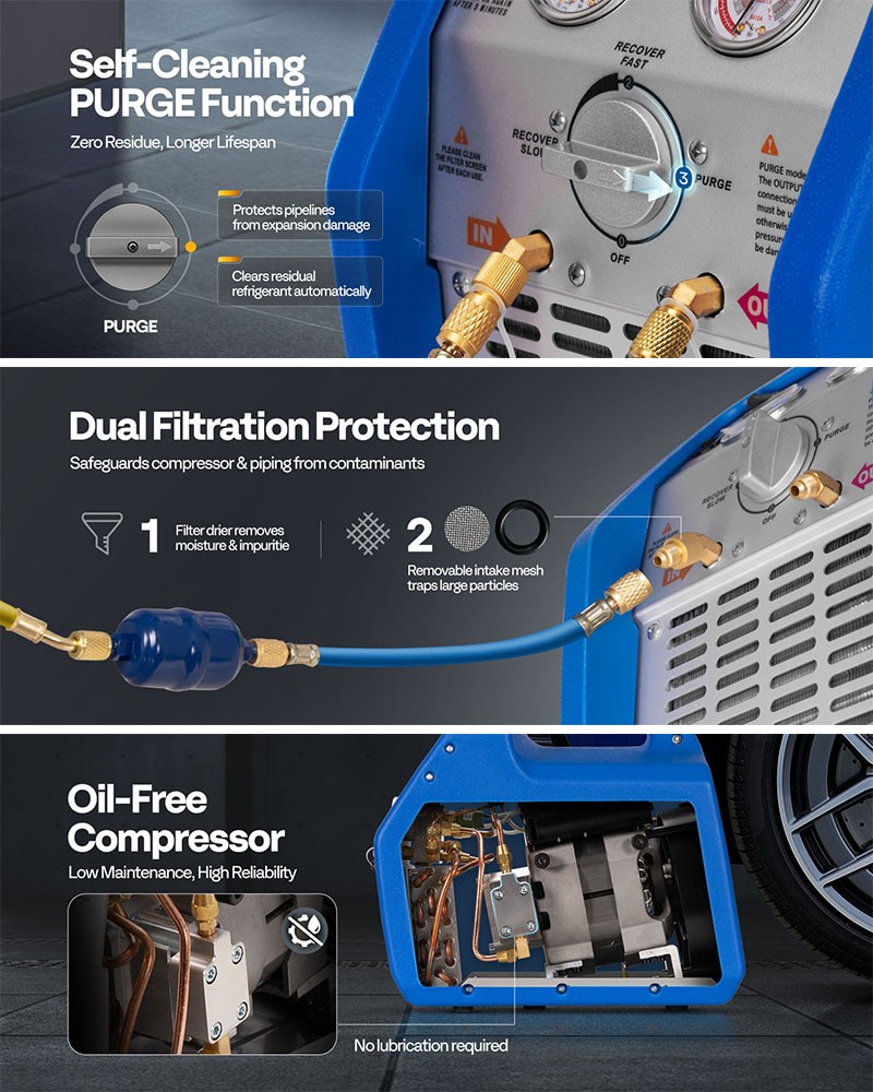 110-120V 60 Hz Portable Refrigerant Recovery Machine Single Cylinder 3/4HP