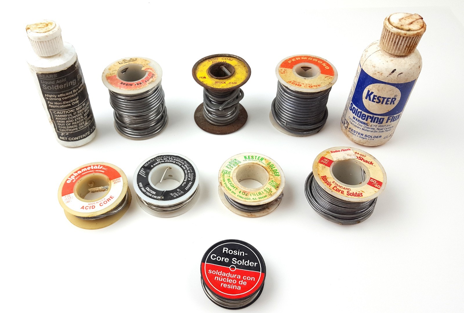 Lot of 8 Solder Spools Rosin & Acid Core Kester Alpha Craftsman Vintage