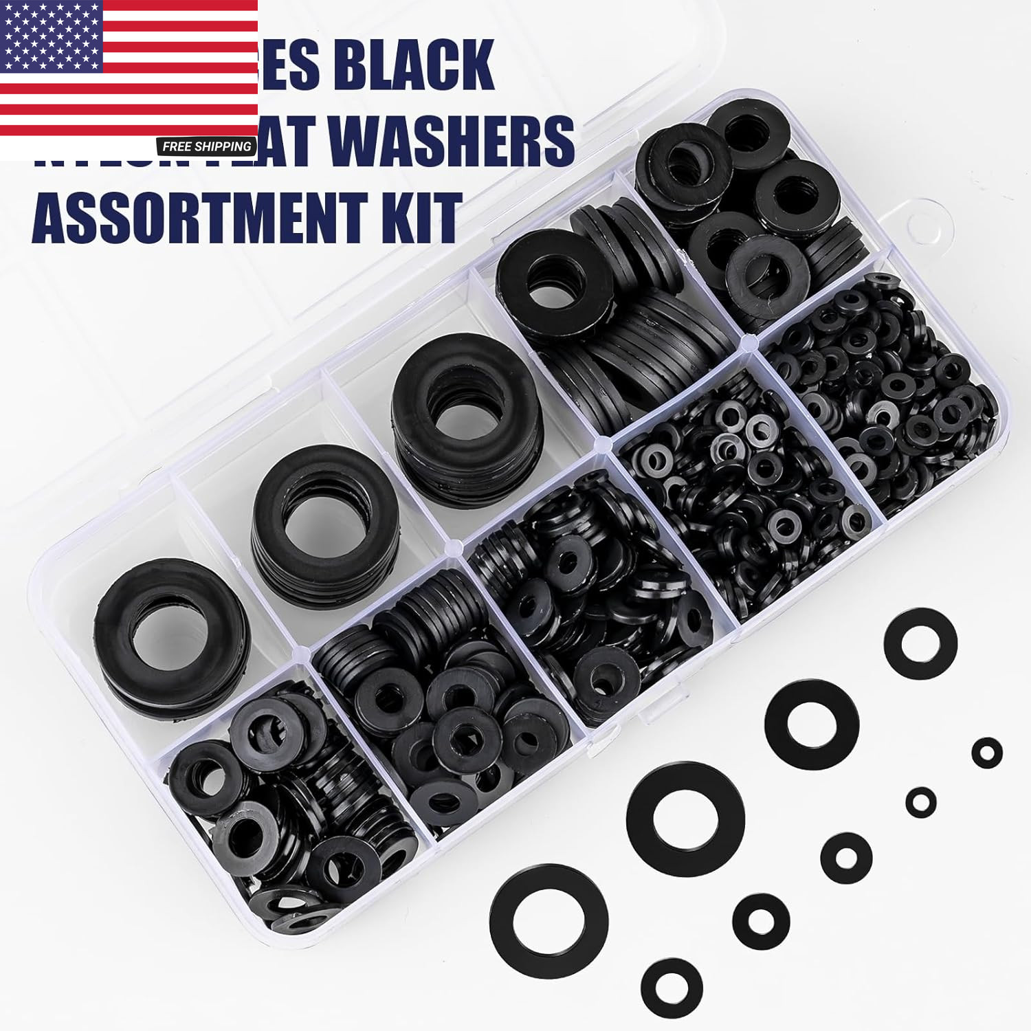 900-Piece Nylon Flat Washer Assortment Kit Black Plastic Flat Washers for Bolts