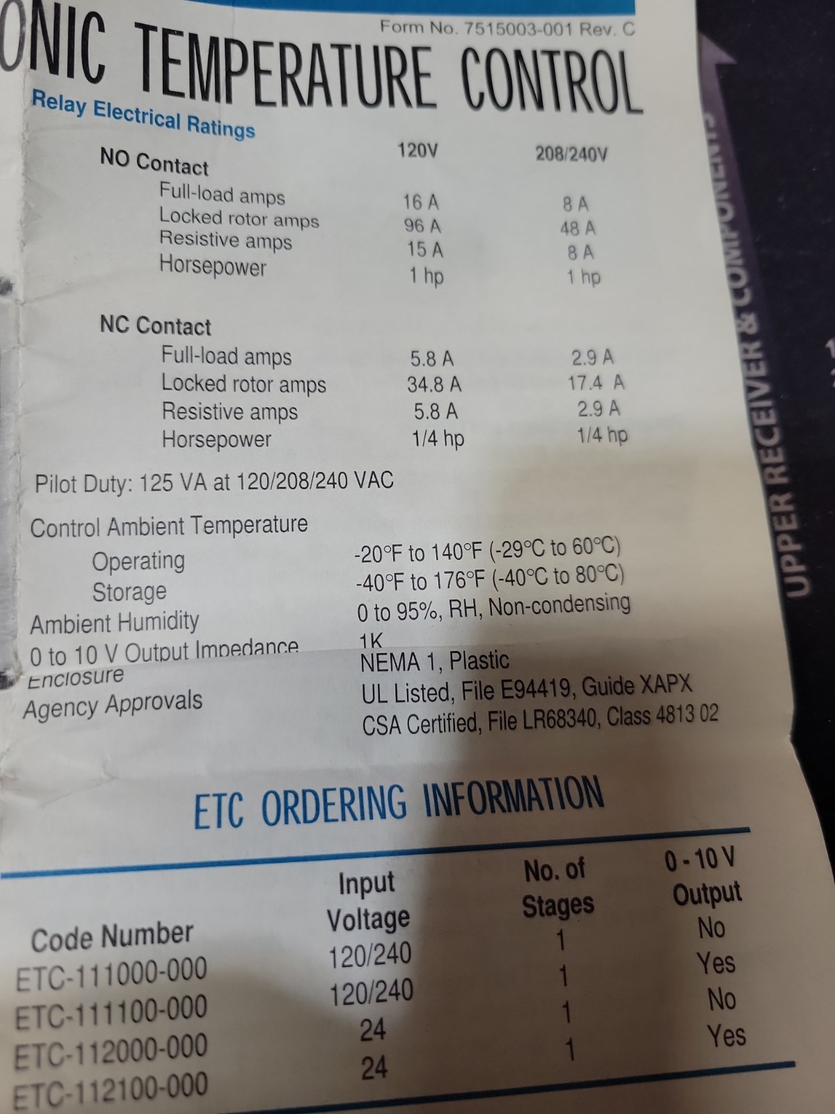 Ranco ETC-111000-000 Digital Electronic Temperature Control 120/208/240 VAC SPDT