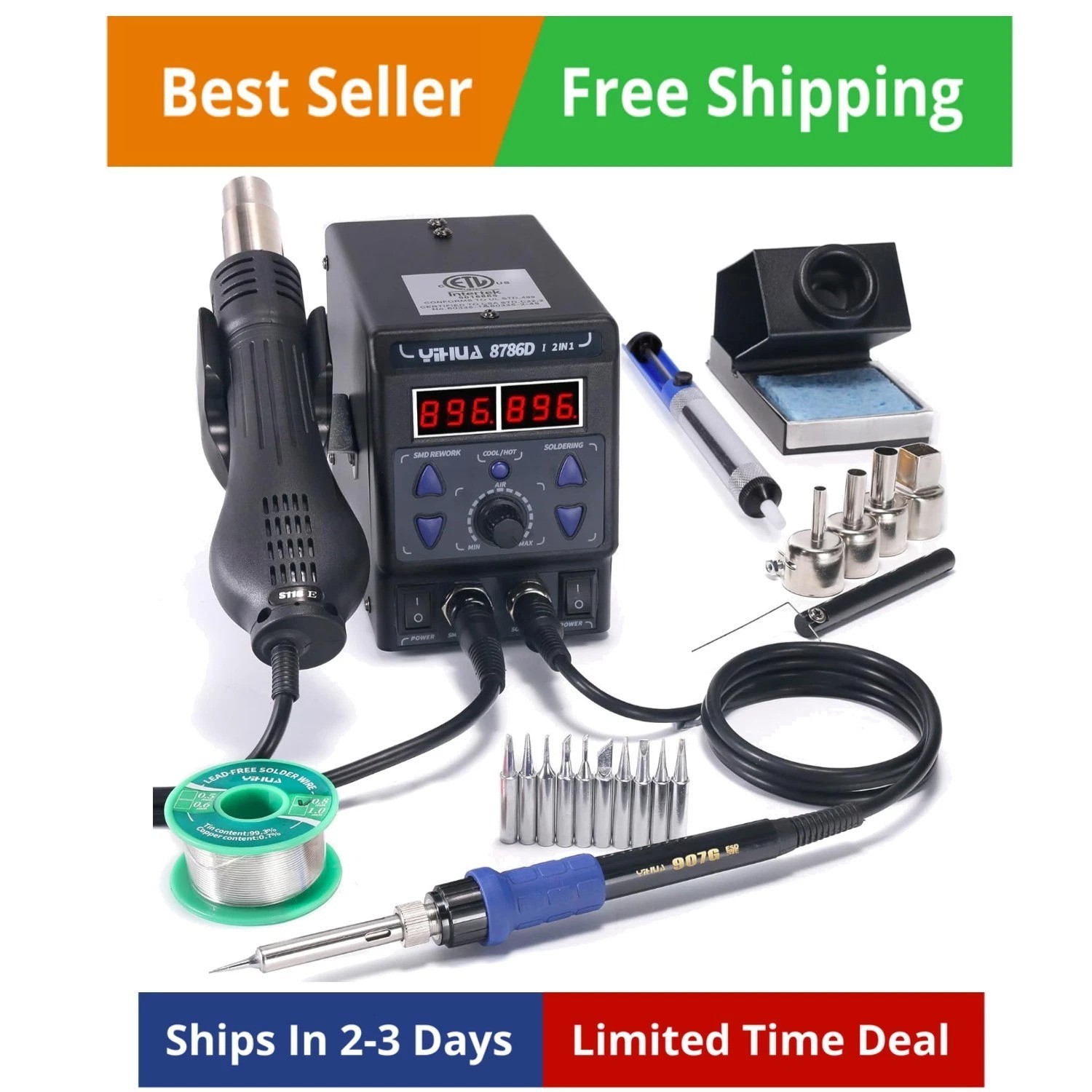8786D I 2 in 1 Hot Air Rework and Soldering Iron Station with 10 Solder Iron …