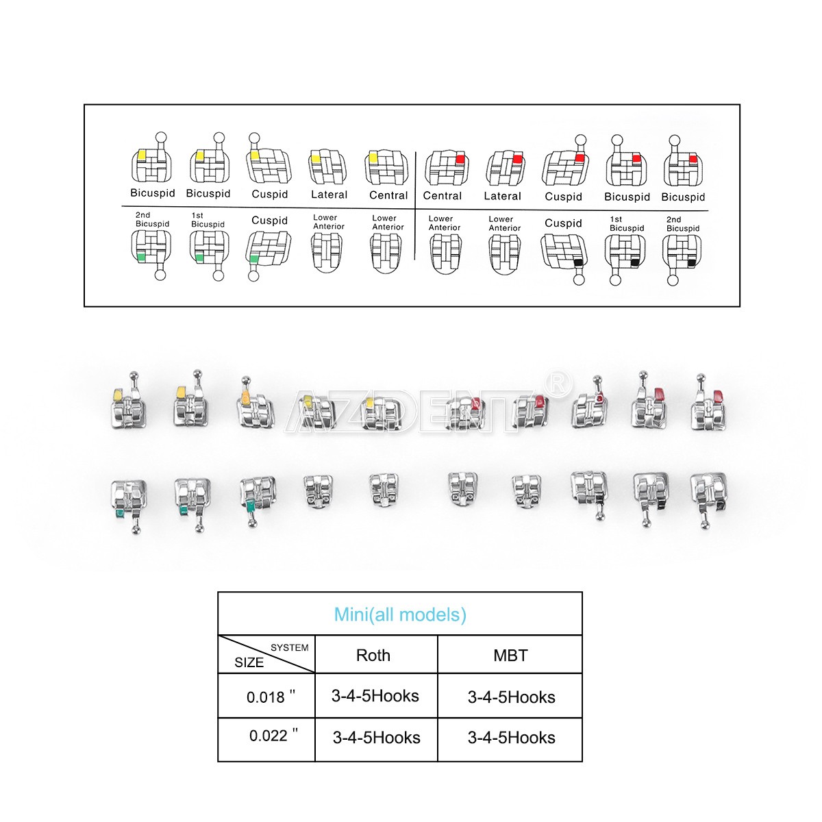 50 Sets AZDENT Dental Orthodontic MIM Monoblock Brackets Brace Roth.022 345 HOOK