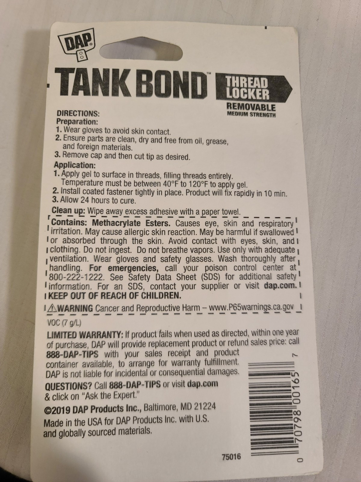 DAP Tank Bond Thread Locker Blue 6mL/.2oz Removable Medium Strength For Metals