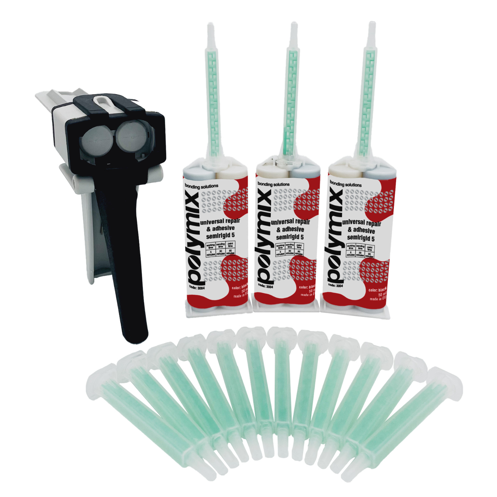 Polymix Universal Semi Rigid Plastic Repair Kit 3 x 50ml Tubes, 12 Tips & Gun