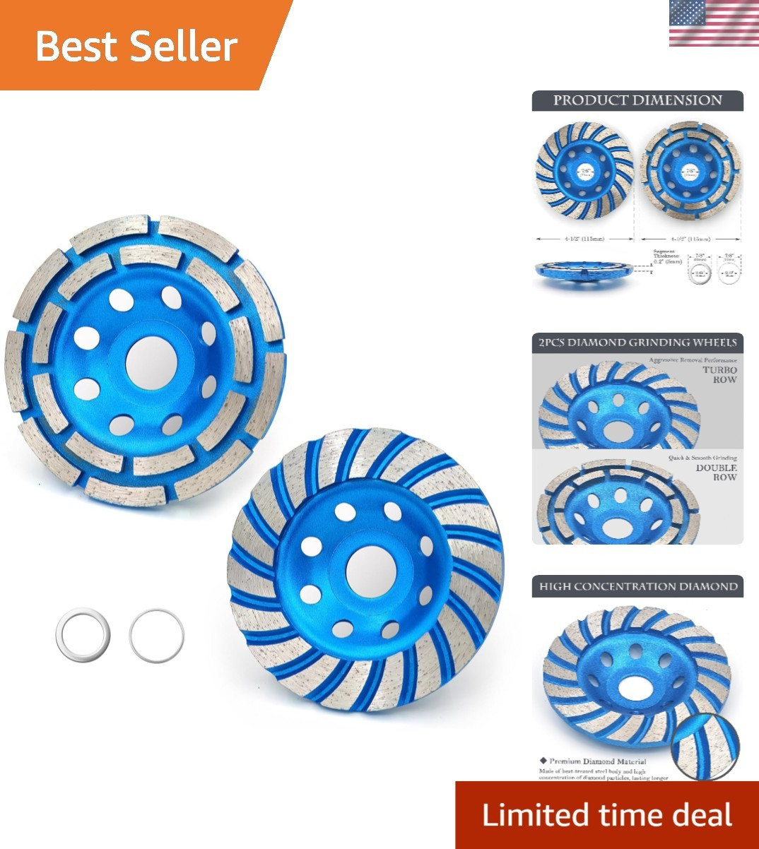 Diamond Grinding Cup Wheels Set 115Mm 4-1/2 Inch Double Row Turbo Row