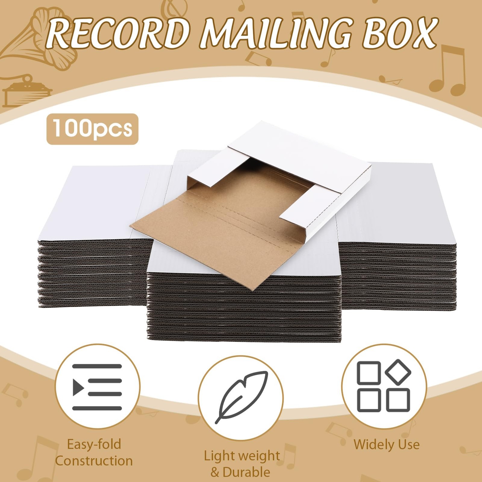 100 Pack 7 Inch Vinyl Record Mailers Boxes 45 RPM Easy Fold LP Cardboard Mail…