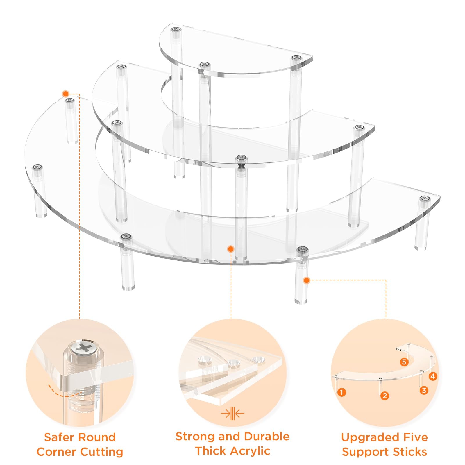 Dooiclear 3 Tier Acrylic Display Risers, Half Moon Cupcake Stand, Clear Perfu…