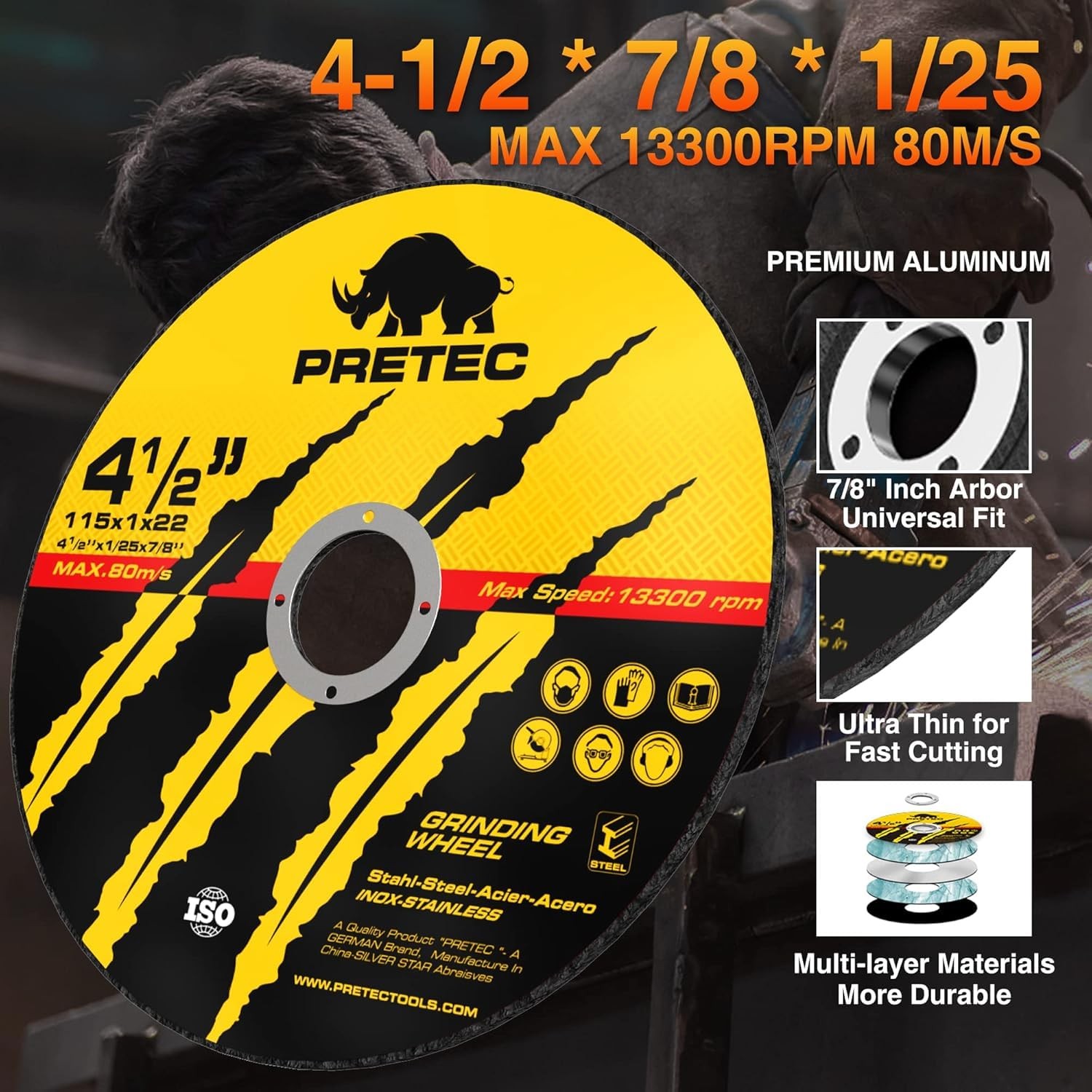 PRETEC 4-1/2″ Cut Off Wheels – Thin Discs for Metal & Stainless Steel, 7/8″ Arbo