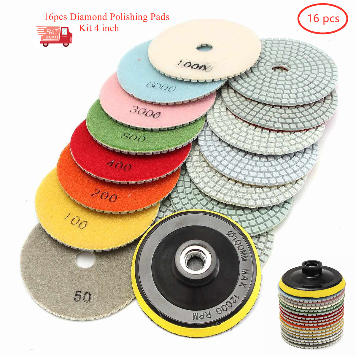 Diamond Polishing Pads 4 inch Wet/Dry 16 Piece Kit Granite Stone Concrete Marble