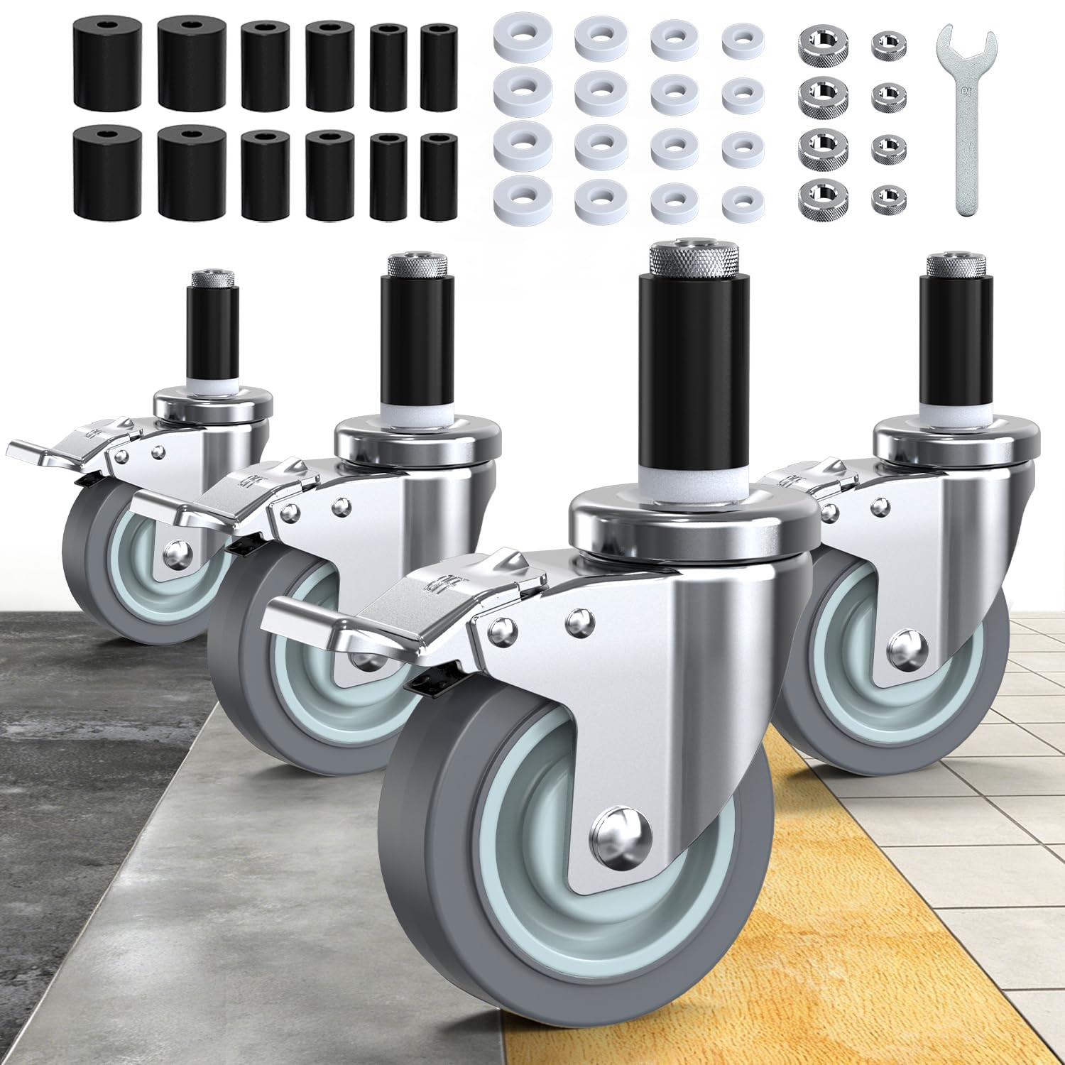 Caster Wheels Locking 3 Inch Expanding Stem Casters, Threaded Swivel Casters Set