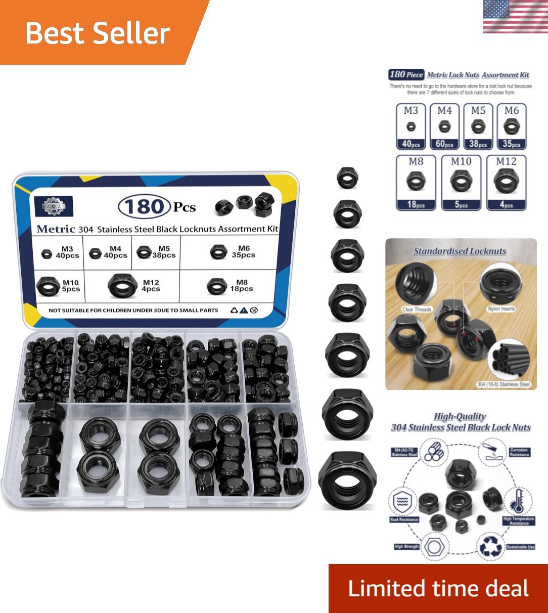 180 Pack Black Locknuts Assortment Kit, M3 M4 M5 M6 M8 M10 M12 Metric Black N…
