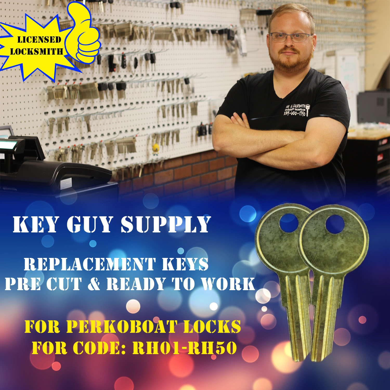 RH01-RH50. Pair of keys for PERKO BOATS locks. Cut to code. Licensed Locksmith.