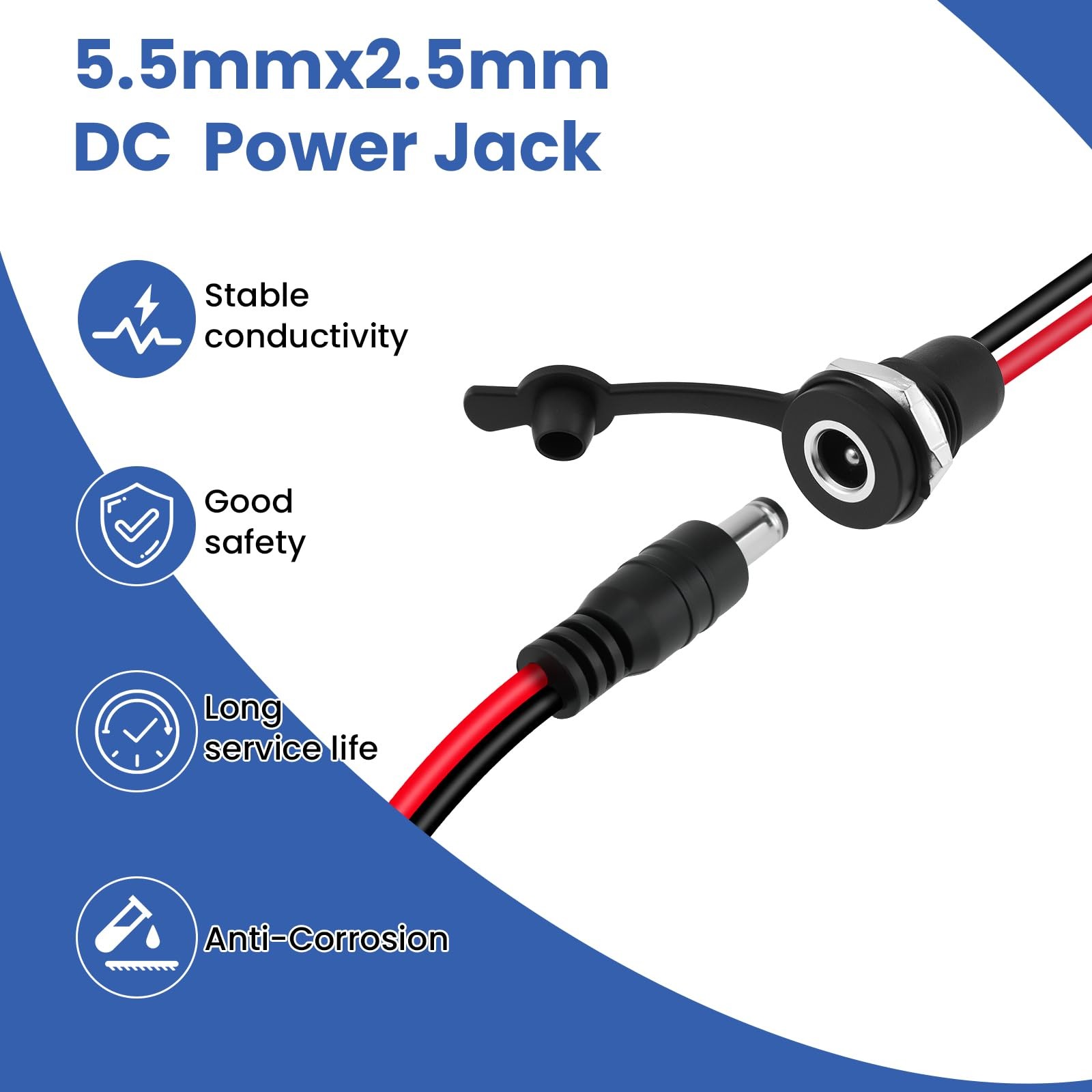 6 Sets 5.5×2.5mm DC Power Jack Socket Female Panel Mount Connector 18AWG Solder