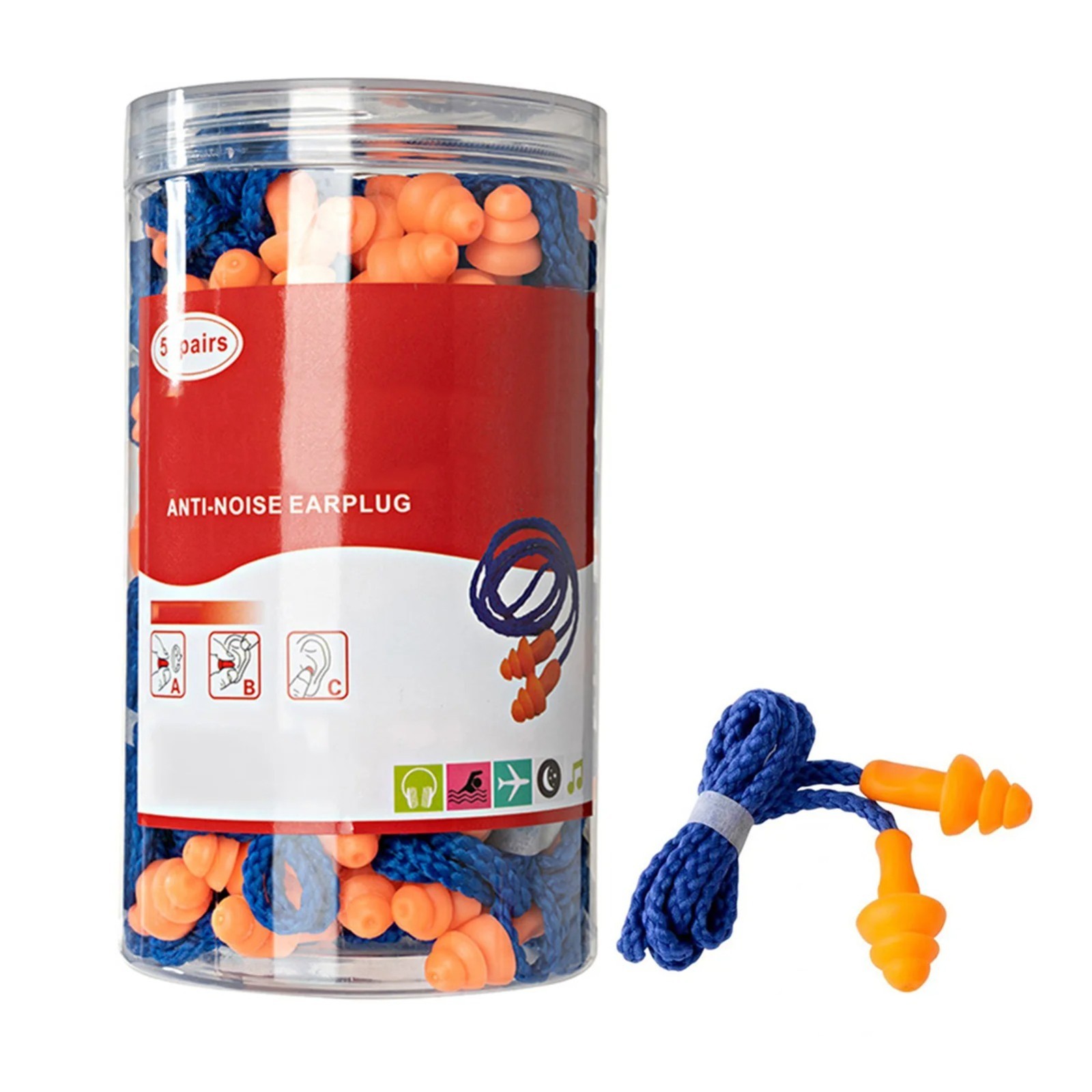 50 Pair Silicone Corded Ear Plugs Reusable Hearing Protection Noise Reductions