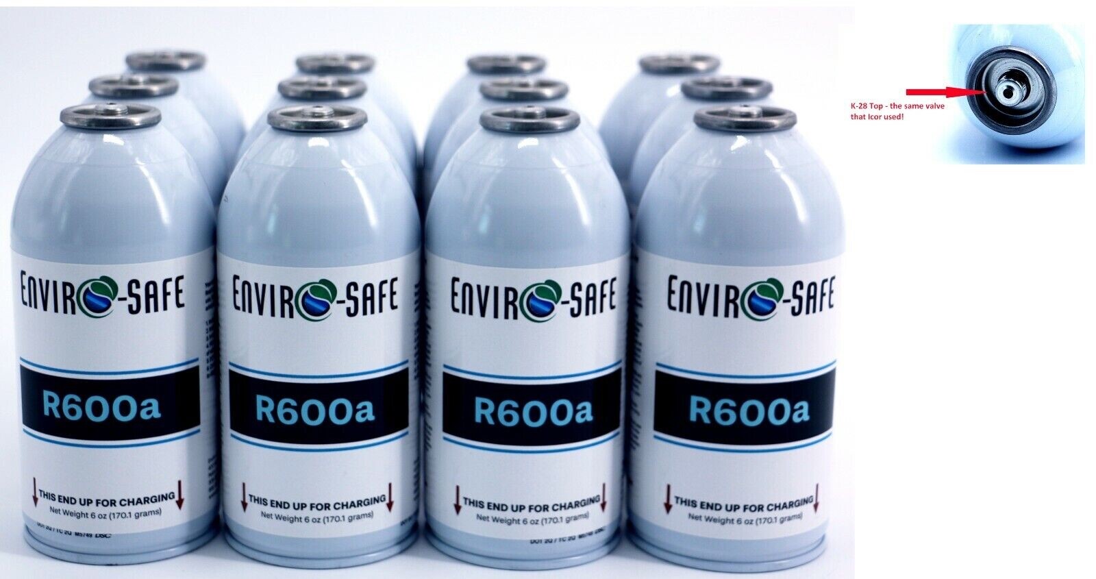 Enviro-Safe R600a Refrigerant | 12 Cans with k28 self sealing valve 6 oz