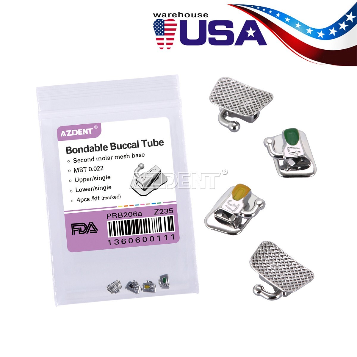 200X AZDENT Dental Orthodontic Buccal Tubes 2nd Molar Non-Conv Bondable MBT.022