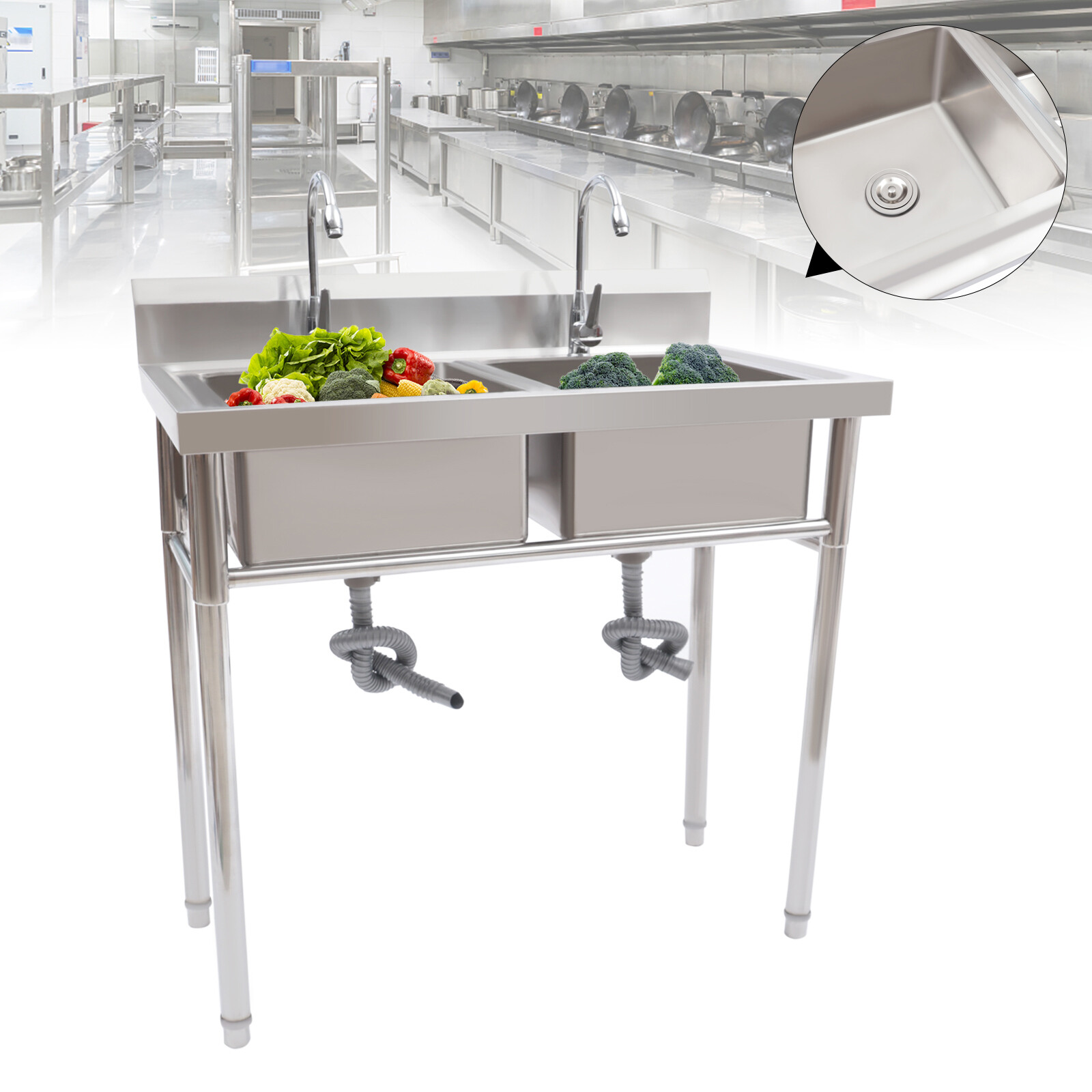 2 Compartment Commercial Sink w/ Double Faucet Restaurant Sink,Free Standing