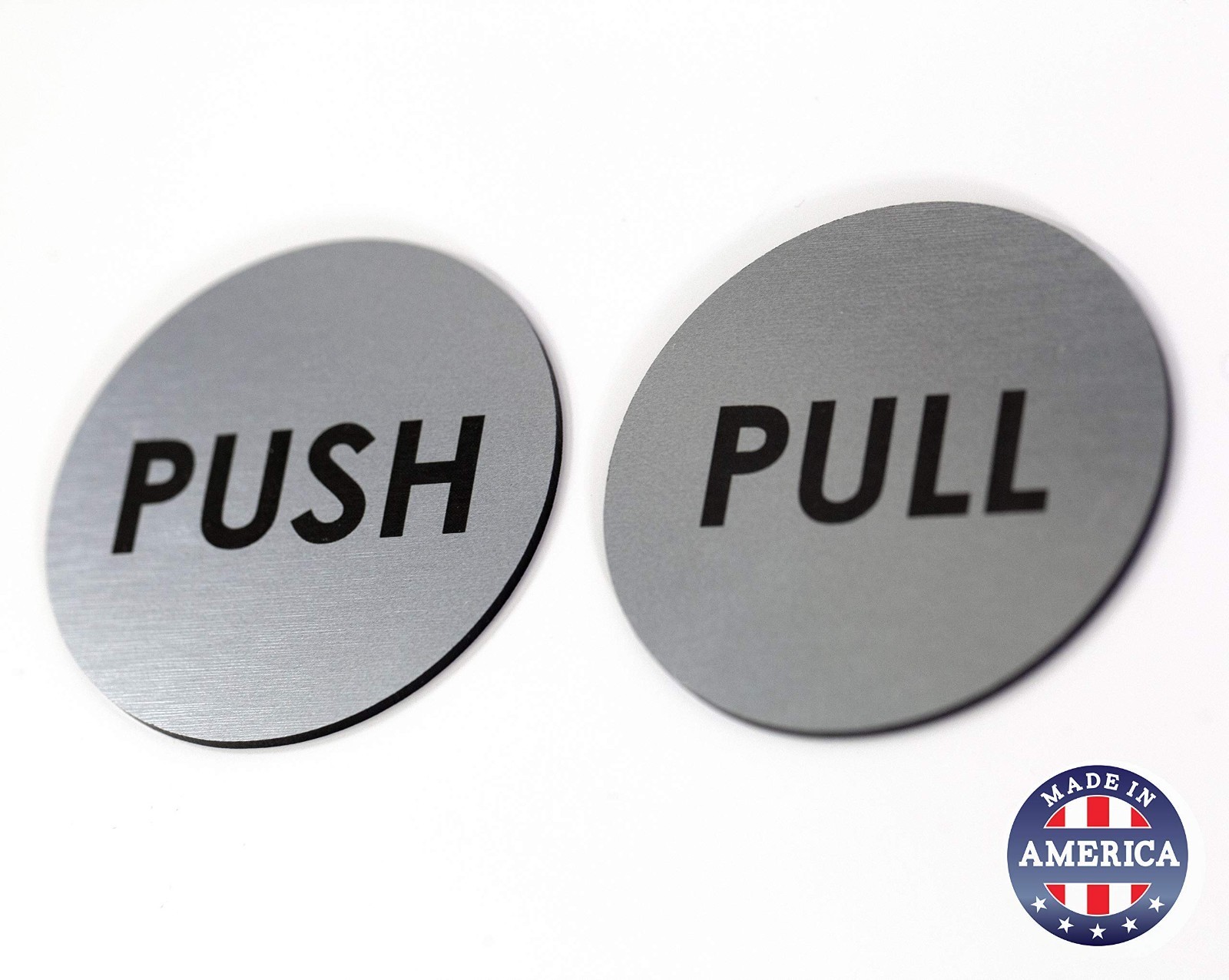 Brushed Silver Push Pull Door Signs – Set of 2, 2″ Round, Laser Engraved, Indoor