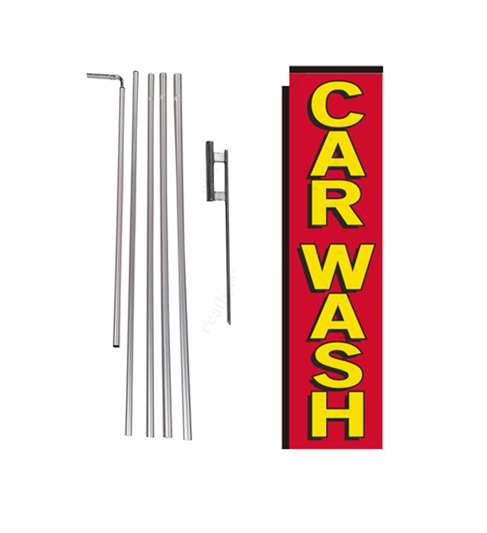 Car Wash red/yellow 15′ Advertising Rectangle Banner Flag w/ pole+spike swooper