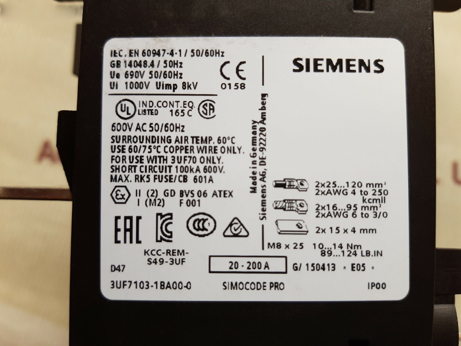 Siemens 20-200a current measuring module 3uf7103-1ba00-0