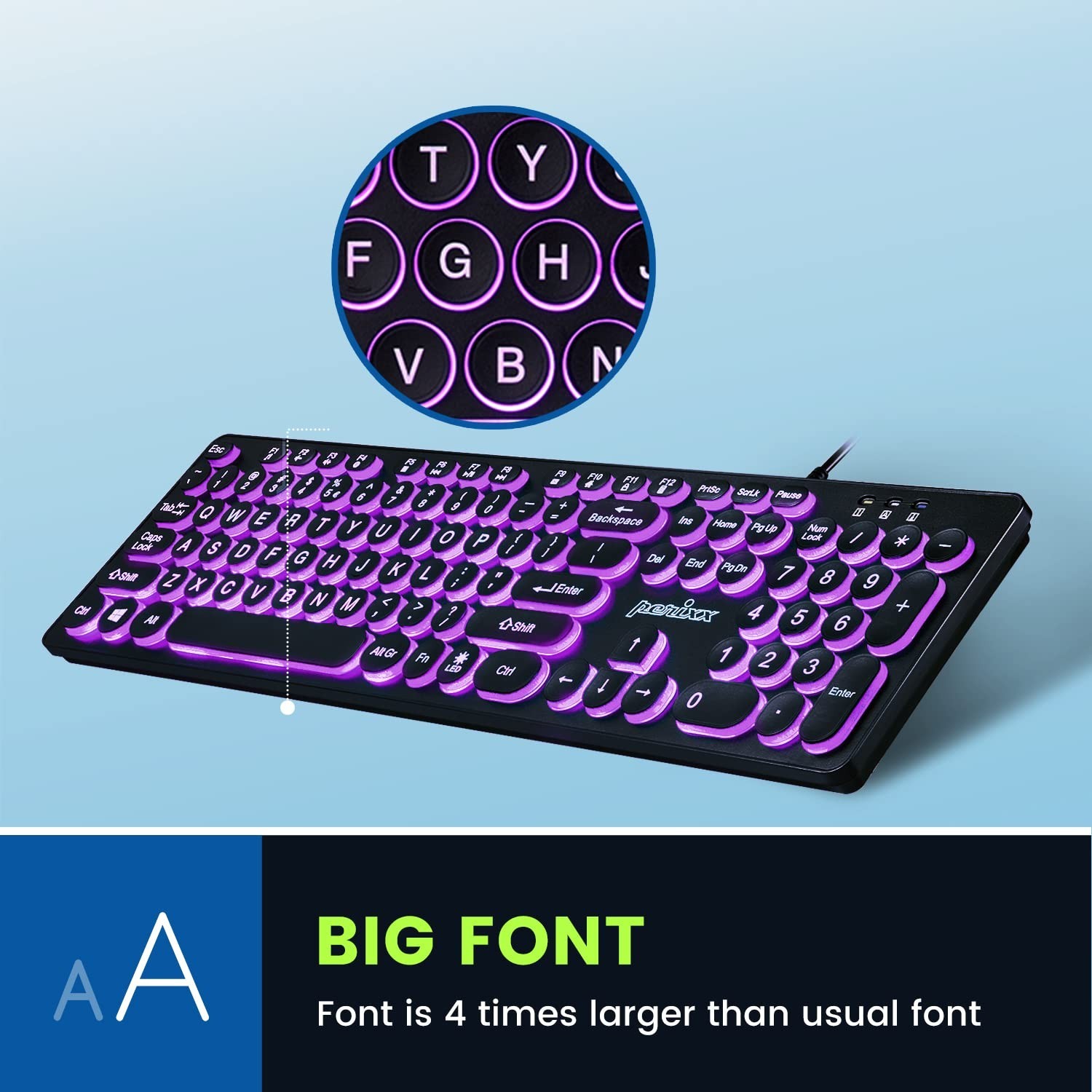 Perixx PERIBOARD-317R Wired Backlit USB Keyboard – Big Print Letter – Tri-Col…