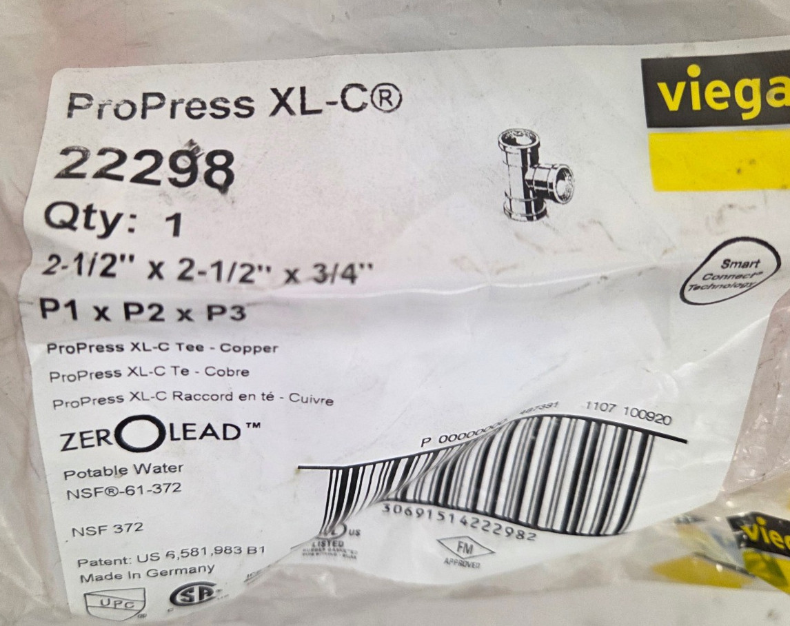 Sealed Viega ProPress XL-C Copper Tee 22298, 2-1/2″ X 2-1/2″ X 3/4″ LF