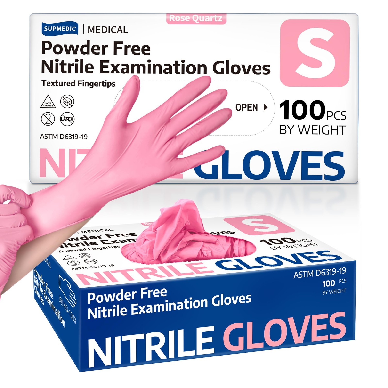 Supmedic Medical Nitrile Exam Gloves, 3.5 mil Small, Small (Rose Quartz)