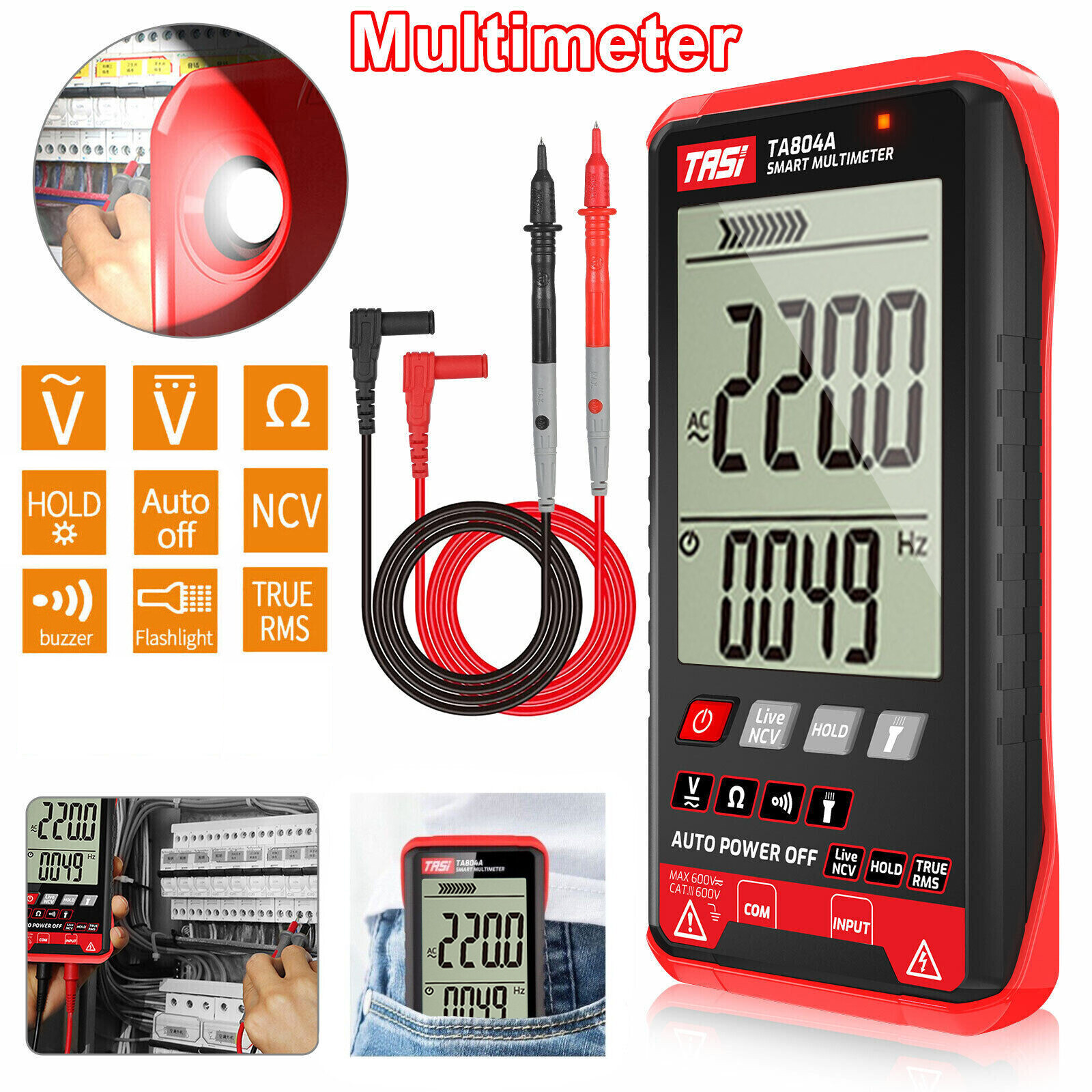 Multimeter Ohmmeter Voltmeter Digital Display Auto Range Test Volt Tester AC DC