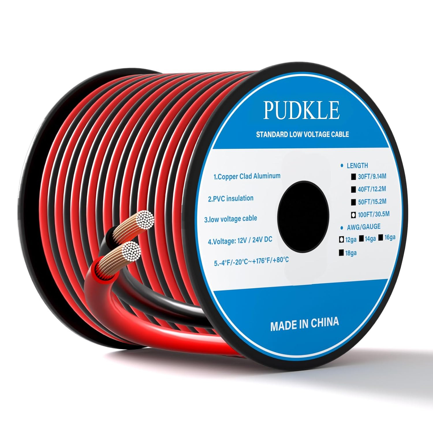 12 Gauge/12 AWG Copper Clad Aluminum 2 Conductor Red Black Electrical Wire 100FT