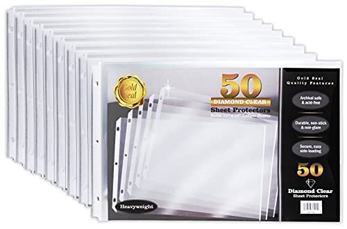 50 Pack 11×17 Inch Heavyweight Diamond Clear Sheet Protectors, Side Loading, Led