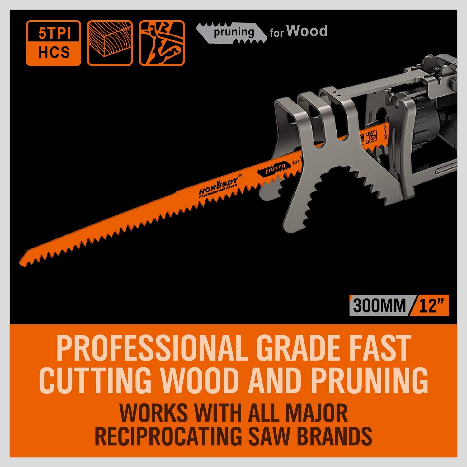 5-Pack 12-Inch Wood Pruning Reciprocating Saw Blades, 5TPI HCS Carbon Orange
