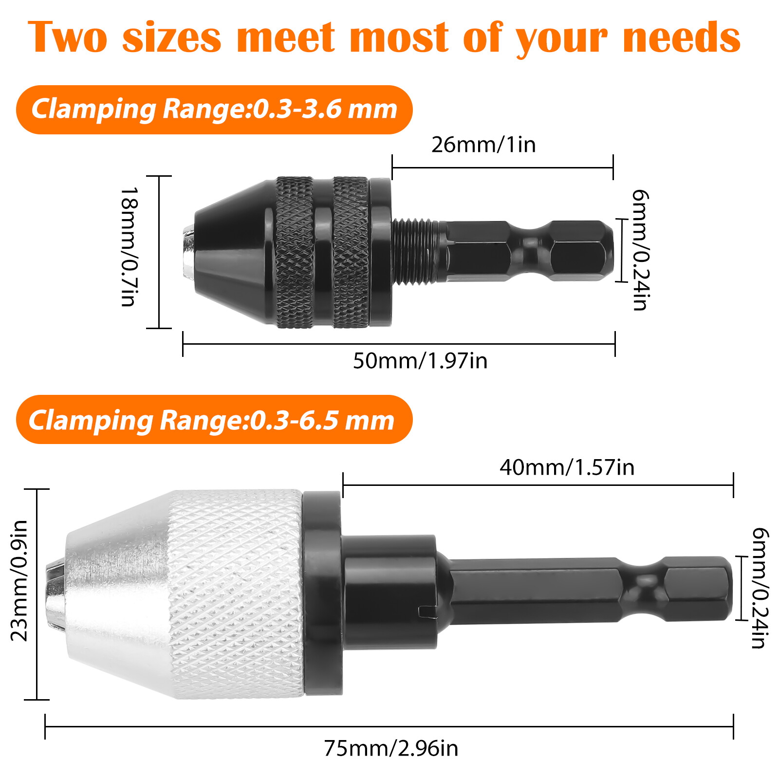 2x 1/4 Inch Hex Shank Keyless Chuck Conversion Drill Bit Adapter