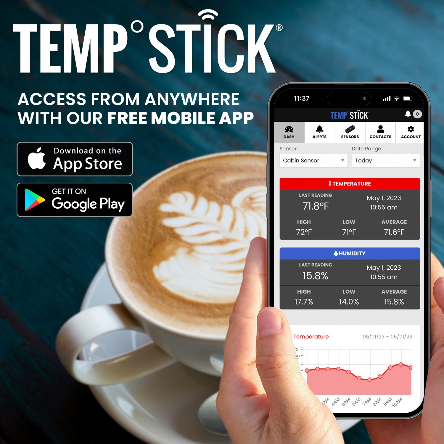 Temp Stick WiFi Temperature & Humidity Sensor 24/7 Monitoring & Alerts (Black)