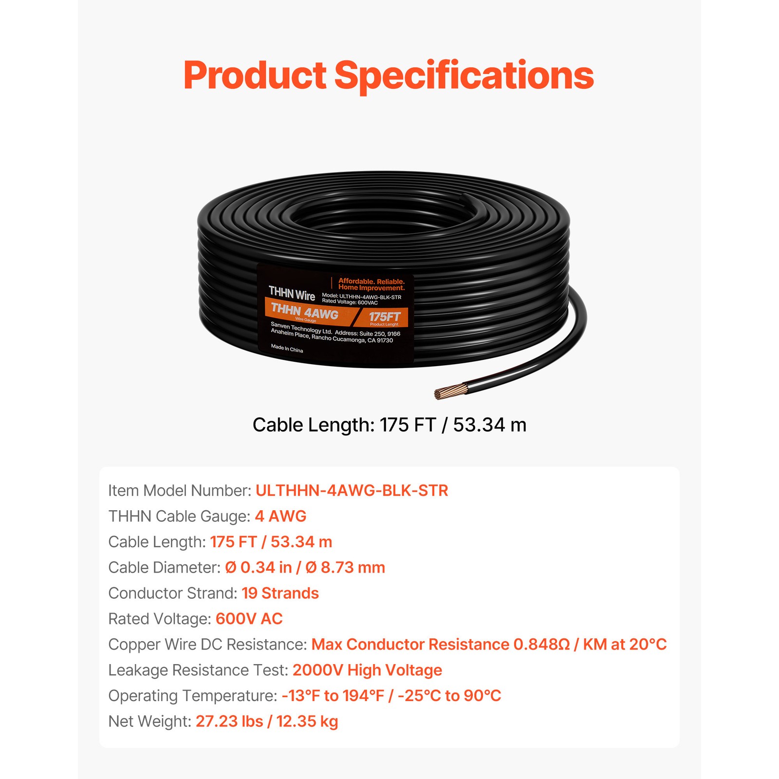 4 AWG THHN Wire 19-Stranded Black Copper Building Wire Nylon Jacket 175 ft 600V