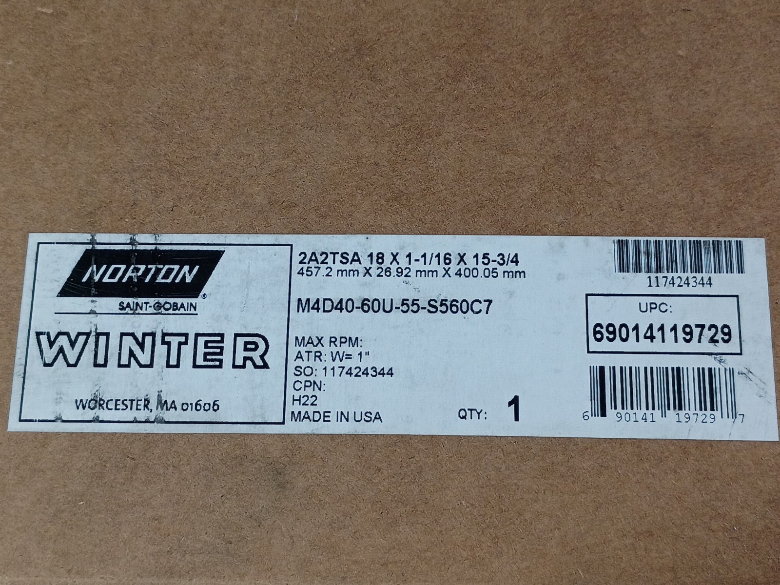 Norton M4D40-60U-55-St60C7 18×1-1/16×15-3/4 Diamond Superabrasive Grinding Wheel