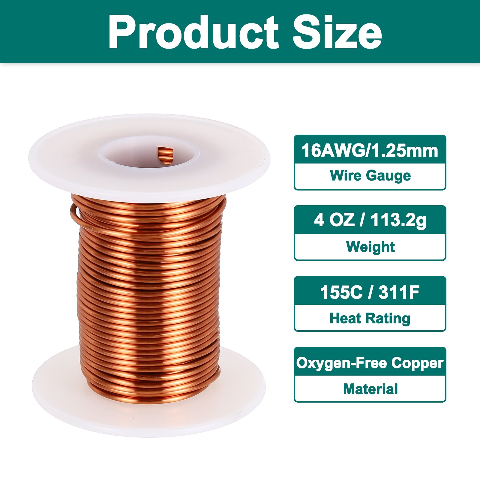 16 AWG Magnet Wire, 4 OZ/113.2g Enameled Copper Wire, 155C(311F)