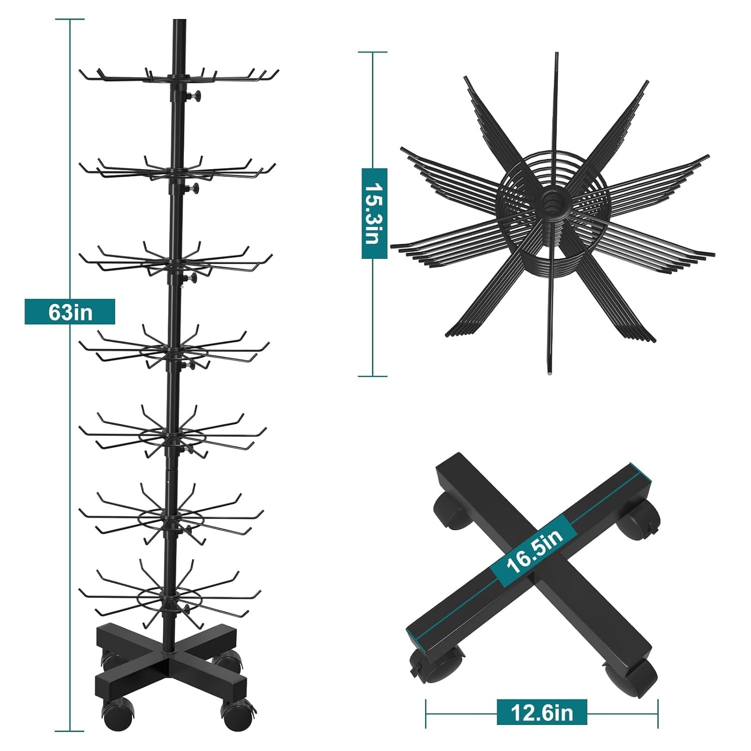 7-Tier Metal Rotating Display Stand With Hooks for Store Snack Jewelry Key Black