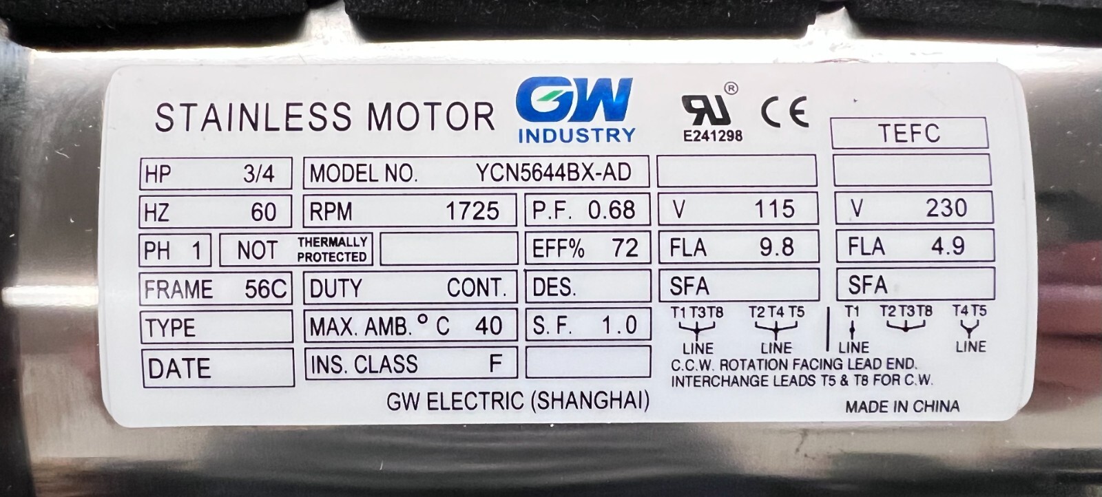 YCN5644BX 3/4 HP Stainless Steel Boat Lift Motor, 1725RPM,115/230V,56C with base