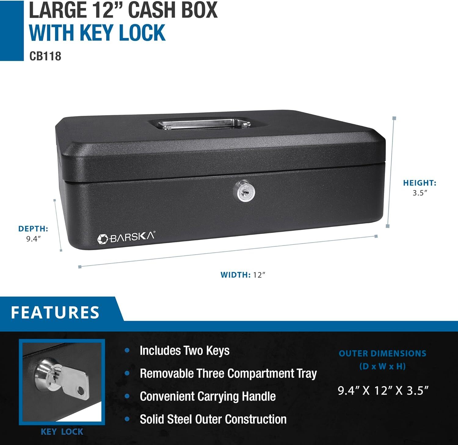 BARSKA 12 Inch Large Steel Cash Box Safe w/ Key Lock and Removable Tray, CB11834