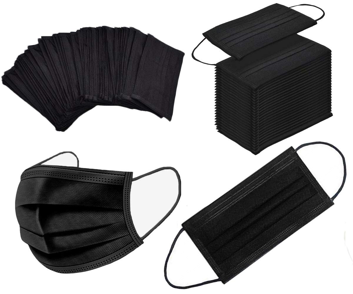 100PCS 3 Ply Black Disposable Face Mask Filter Protection Face Masks, Non-woven
