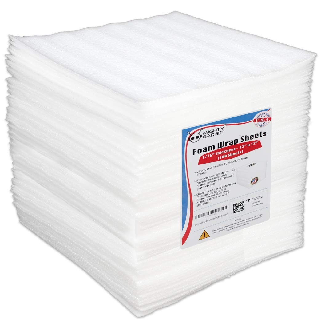 Mighty Gadget 100-Pack Foam Packing Sheets, 12″ x (1/16″ Thick) White