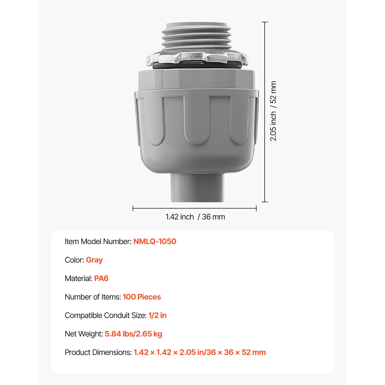 1/2 in 100 pcs Liquid Tight Connector Non-Metallic Conduit Fitting Connector