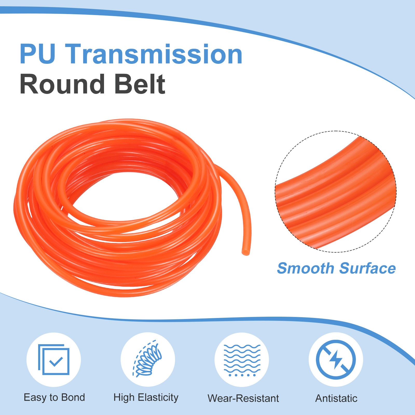 PU Transmission Belt, 3.5mm Dia 10ft (3 Meters) Length (Smooth Surface, Orange)