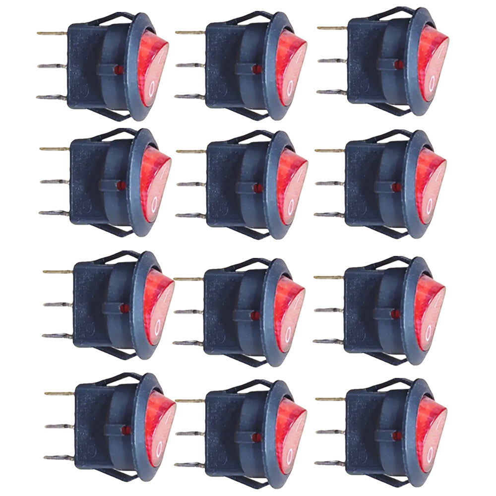 12PC For SPST 3 Pin ON/OFF Round Rocker Switch With Red Neon Lamp 10A/125VAC