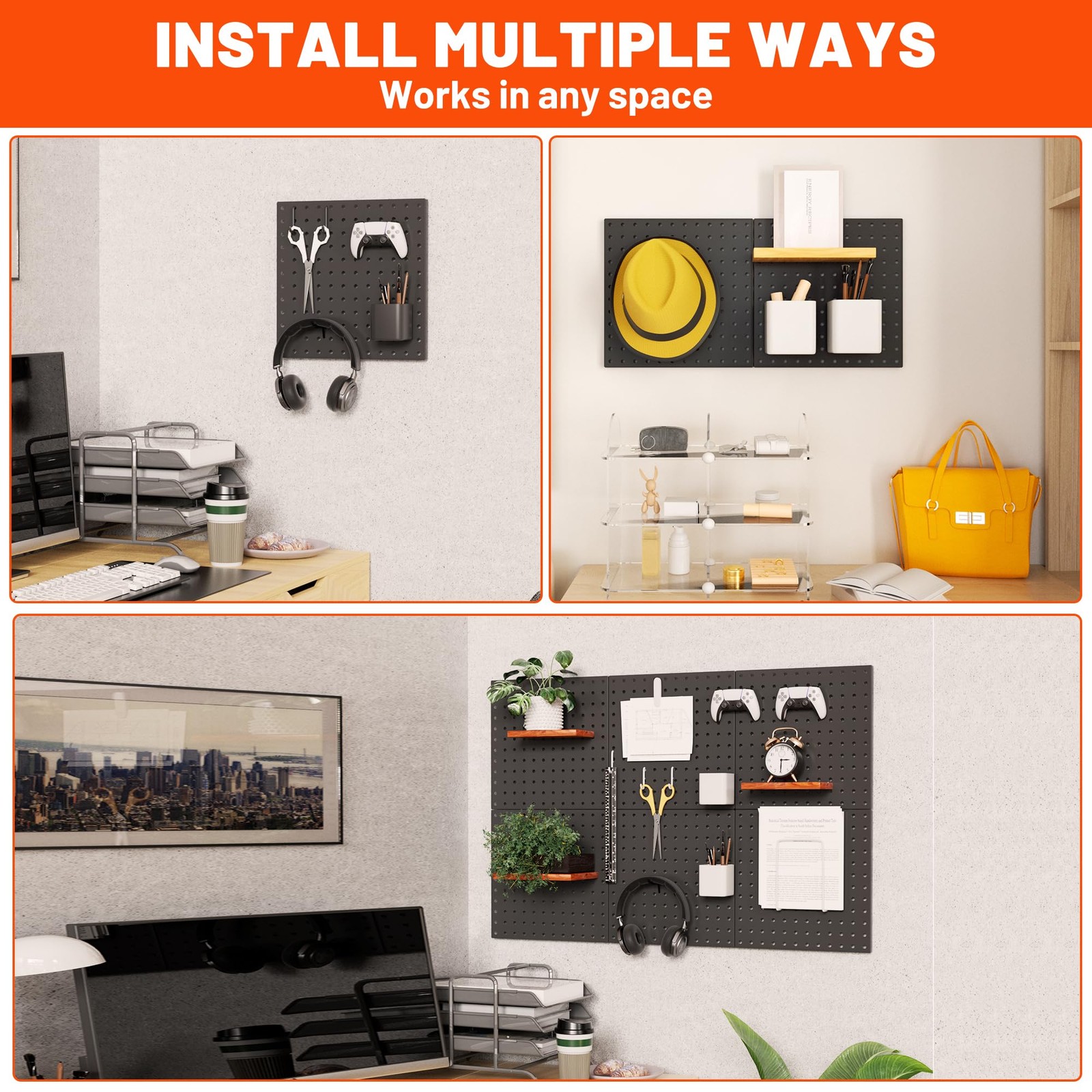 4 Pack Black Metal Pegboard Panels, 12×12 Inch, Heavy Duty Wall Organizer