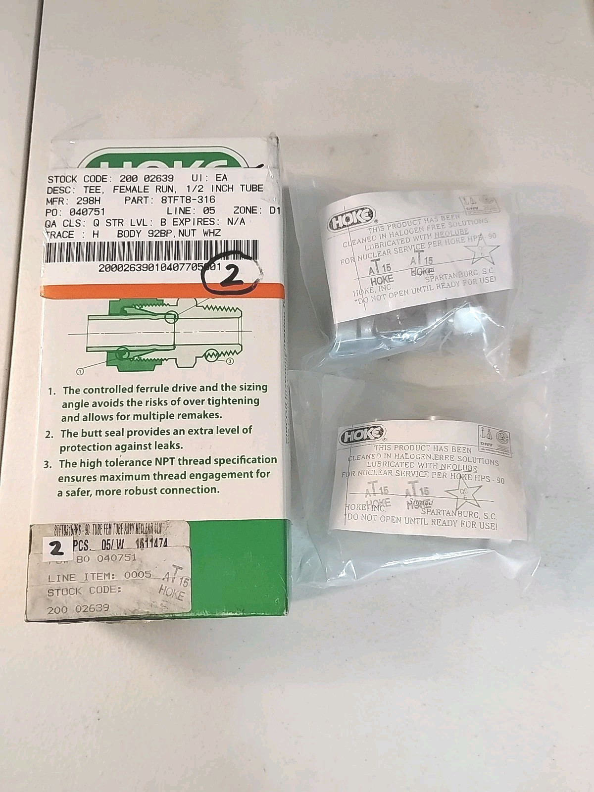 1/2″ Tube FNPT 316ss Female Run Tee Hoke Gyrolok 8TFT8316 Lot Of 2