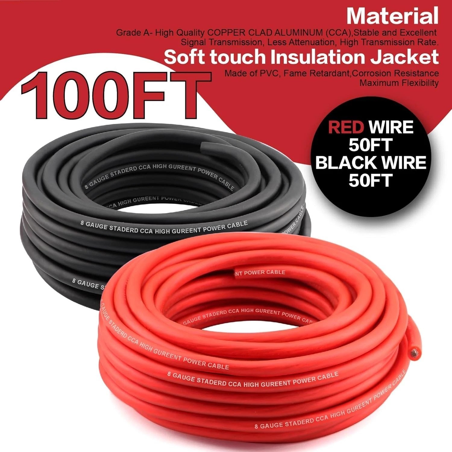 8 Gauge Wire 50ft Each – Red/Black Copper Clad Aluminum CCA – Primary Automot…